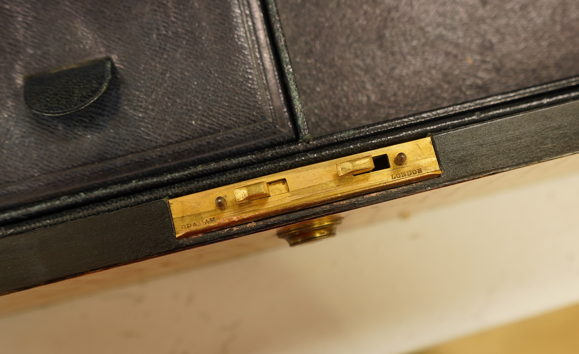 A Victorian sycamore stationery box with fitted interior and inlaid banding, with key, 37cm wide